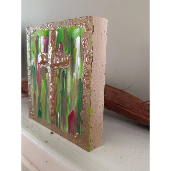 Gold Cross Wood Hand Painted Wall Art 5x5 Block Raised Cross Christmas Style - Picture 6 of 9